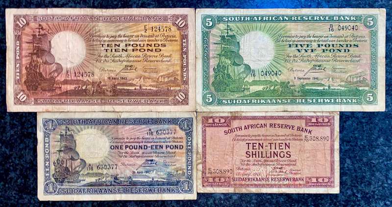 J Postmus Set 10 pound F2 -1943 ,5 pound B16 -1940 ,1 pound 1942 & 10 shillings E70 -1944