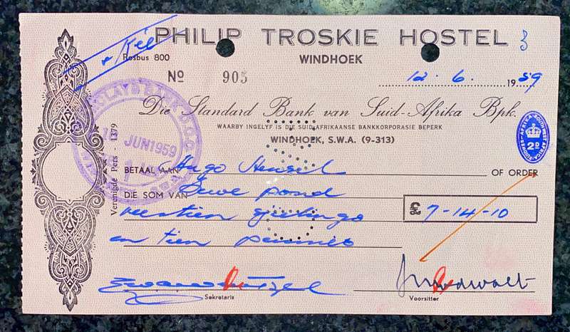 S W A WINDHOEK STANDARD BANK PHILIP TROSKIE HOSTAL 1959 STAMPED STANDARD BANK WITH STAMP
