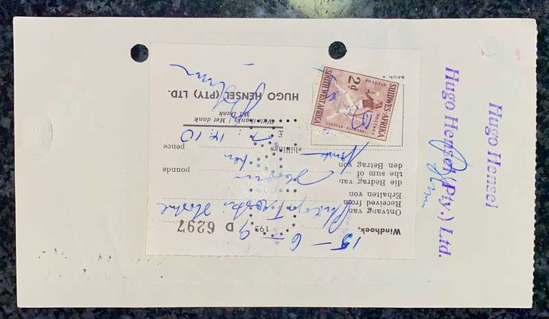 S W A WINDHOEK STANDARD BANK PHILIP TROSKIE HOSTAL 1959 STAMPED STANDARD BANK WITH STAMP