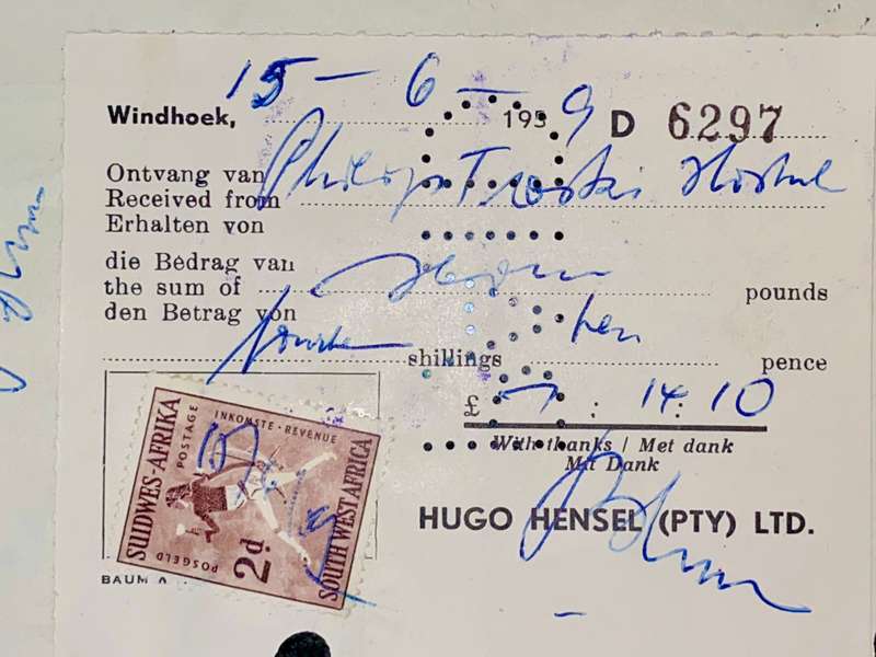 S W A WINDHOEK STANDARD BANK PHILIP TROSKIE HOSTAL 1959 STAMPED STANDARD BANK WITH STAMP
