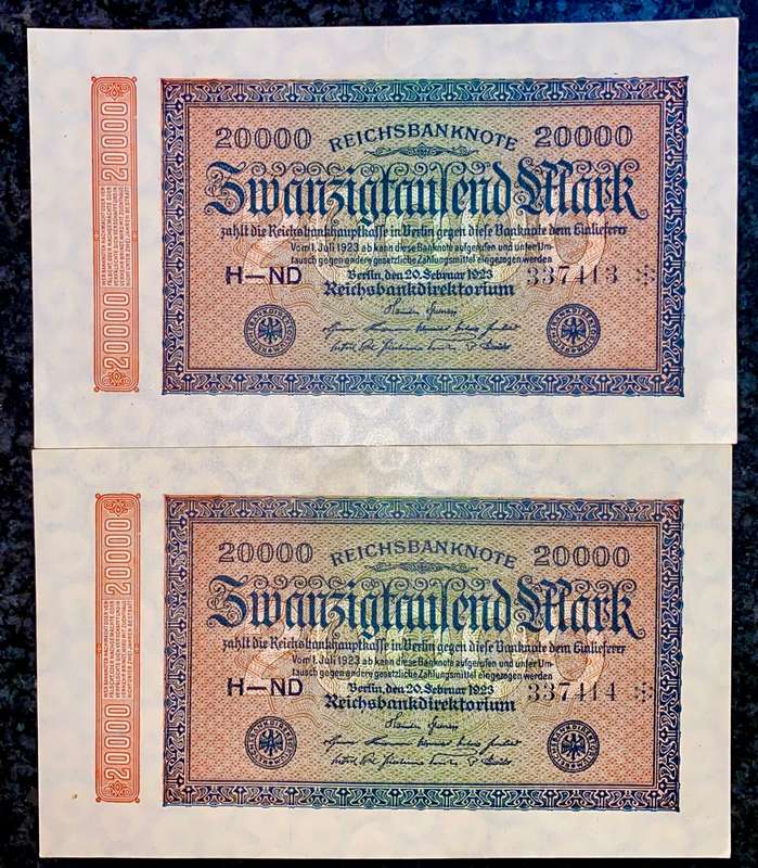 Germany star/replacement notes 20,000 mark in seq 337414-413 * UNC (1 bid takes all)