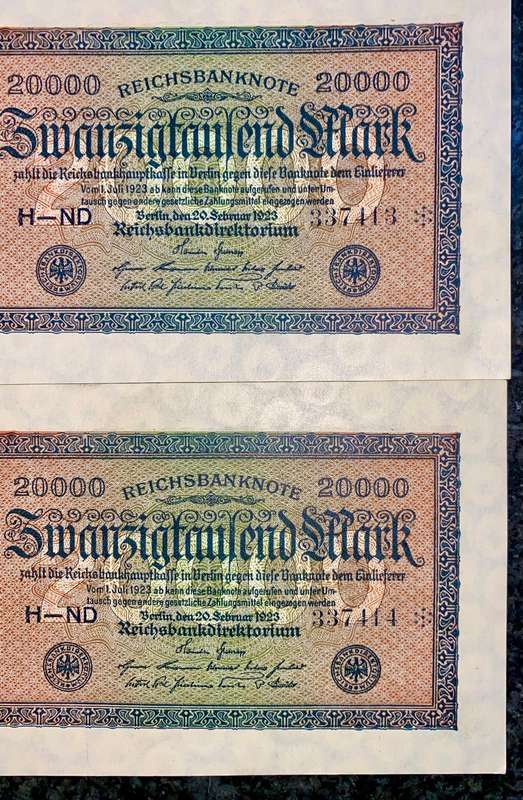 Germany star/replacement notes 20,000 mark in seq 337414-413 * UNC (1 bid takes all)