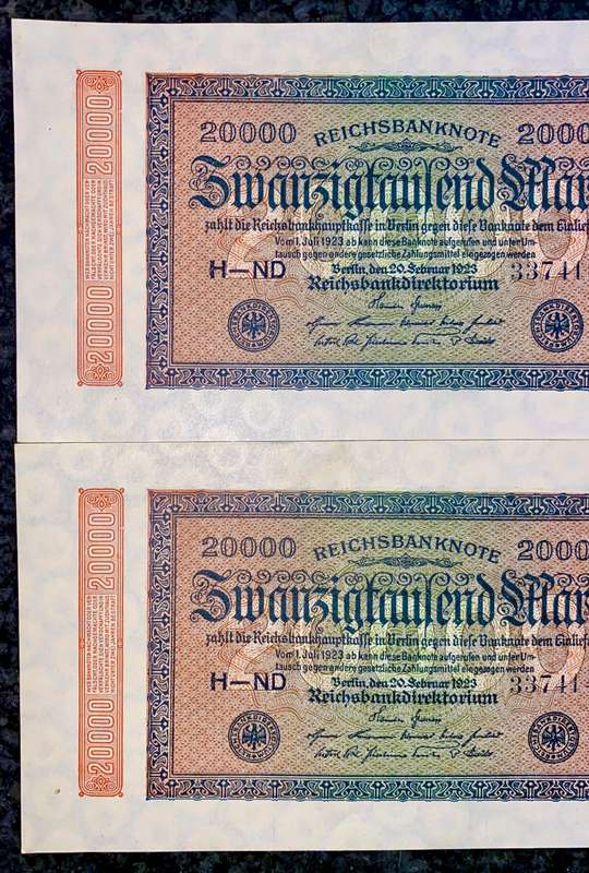 Germany star/replacement notes 20,000 mark in seq 337414-413 * UNC (1 bid takes all)