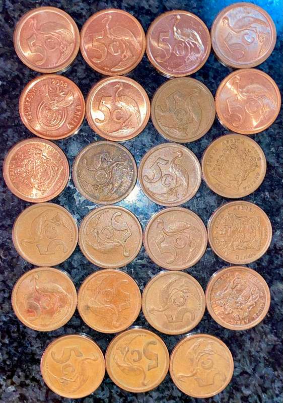 South Africa 5 cent Various dates 3rd decimals 1990-2011 (1 bid takes all)