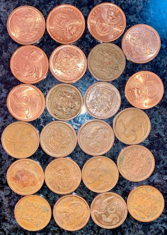 South Africa 5 cent Various dates 3rd decimals 1990-2011 (1 bid takes all)
