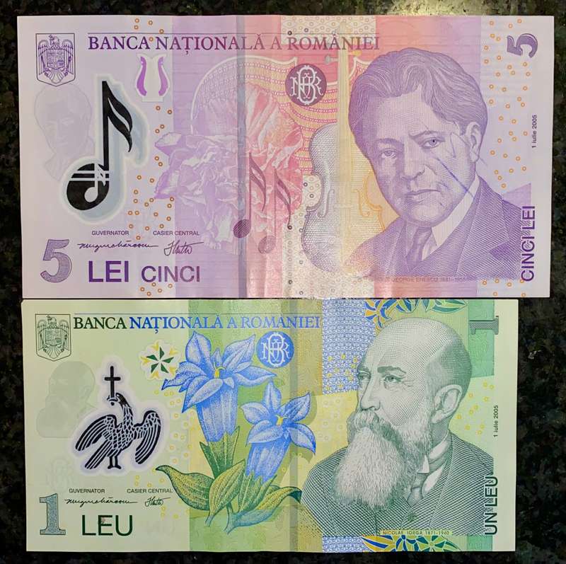 ROMANIA SET 5 LEI & 1 LEI  2005 POLYMER NOTES(1 BID TAKES ALL)