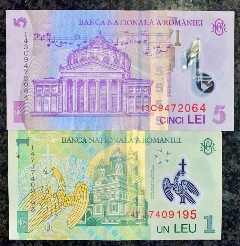 ROMANIA SET 5 LEI & 1 LEI  2005 POLYMER NOTES(1 BID TAKES ALL)