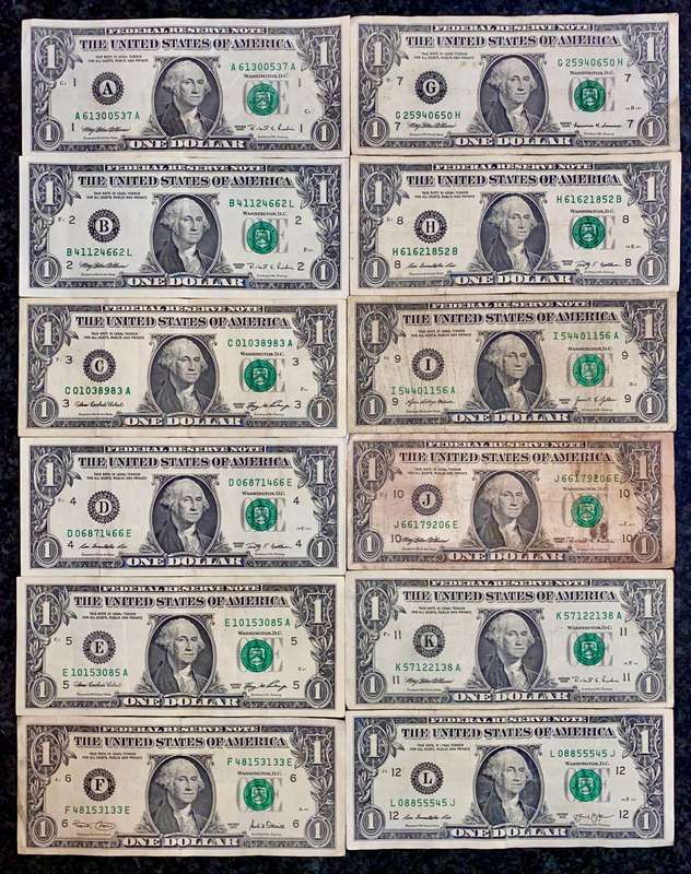 Complete Set 1 dollars All Federal Reserve banks A to L 1995-2021 (1 bid takes all)