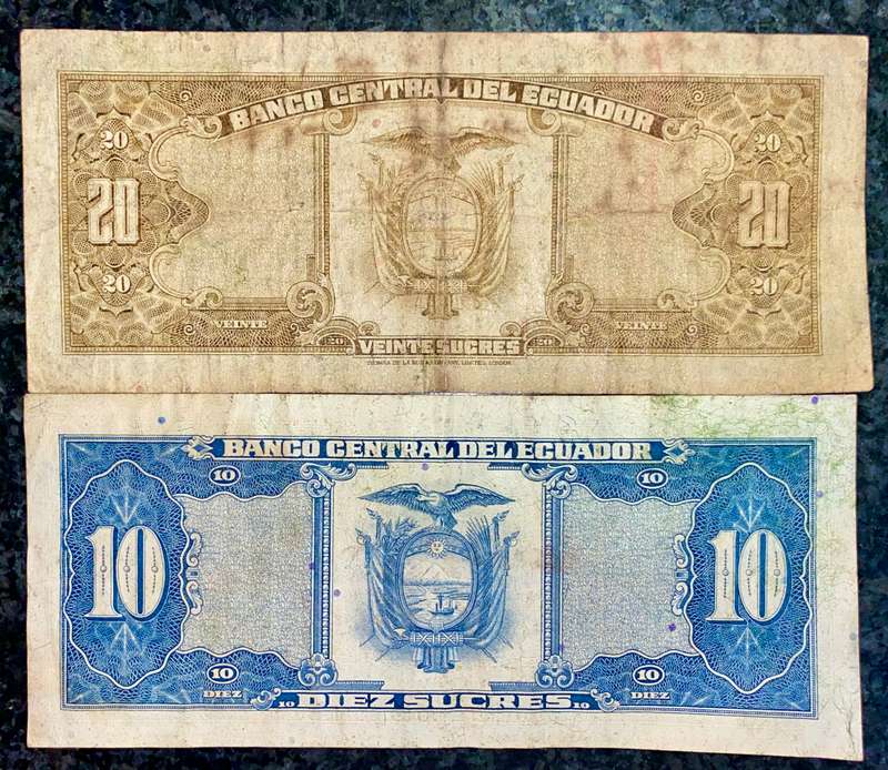 ECUADOR SET 20 SUCRES 1983 & 10 SUCRES 1988 (1 BID TAKES ALL)
