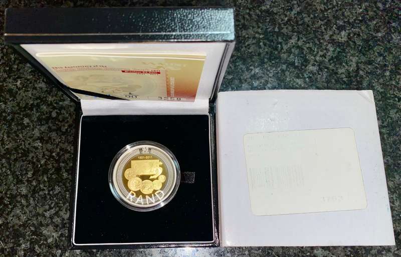 SOUTH AFRICA SILVER R5 -- 90TH ANNIVERSARY OF SARB 2011 STERLING SILVER WITH GOLD PLATE WITH CERT