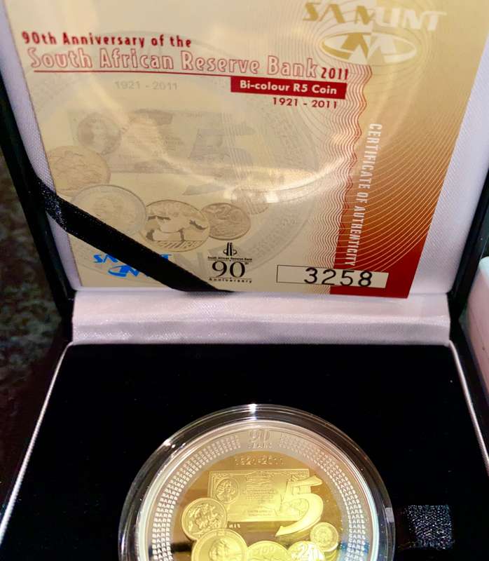 SOUTH AFRICA SILVER R5 -- 90TH ANNIVERSARY OF SARB 2011 STERLING SILVER WITH GOLD PLATE WITH CERT