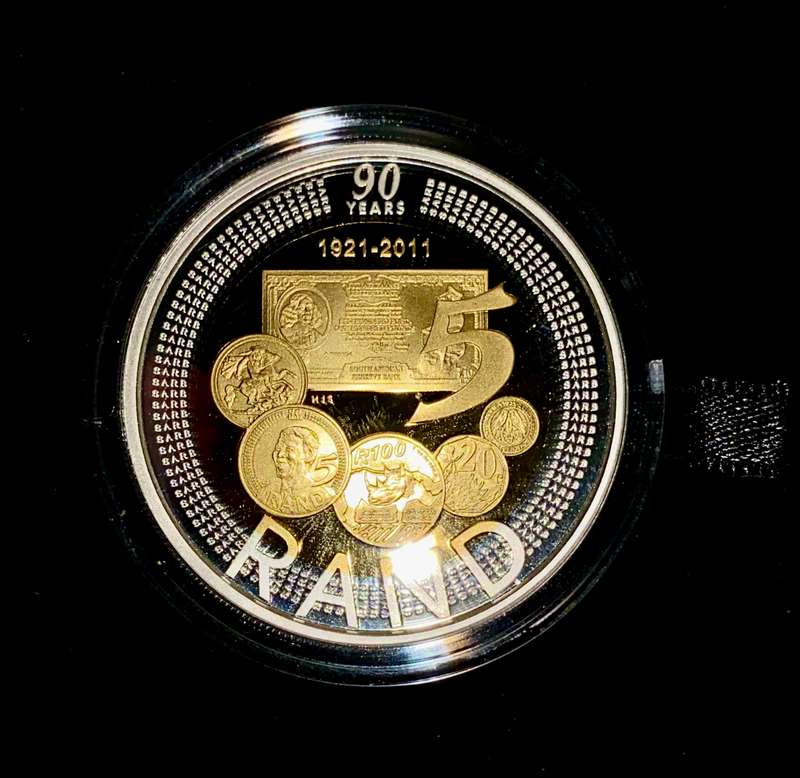 SOUTH AFRICA SILVER R5 -- 90TH ANNIVERSARY OF SARB 2011 STERLING SILVER WITH GOLD PLATE WITH CERT