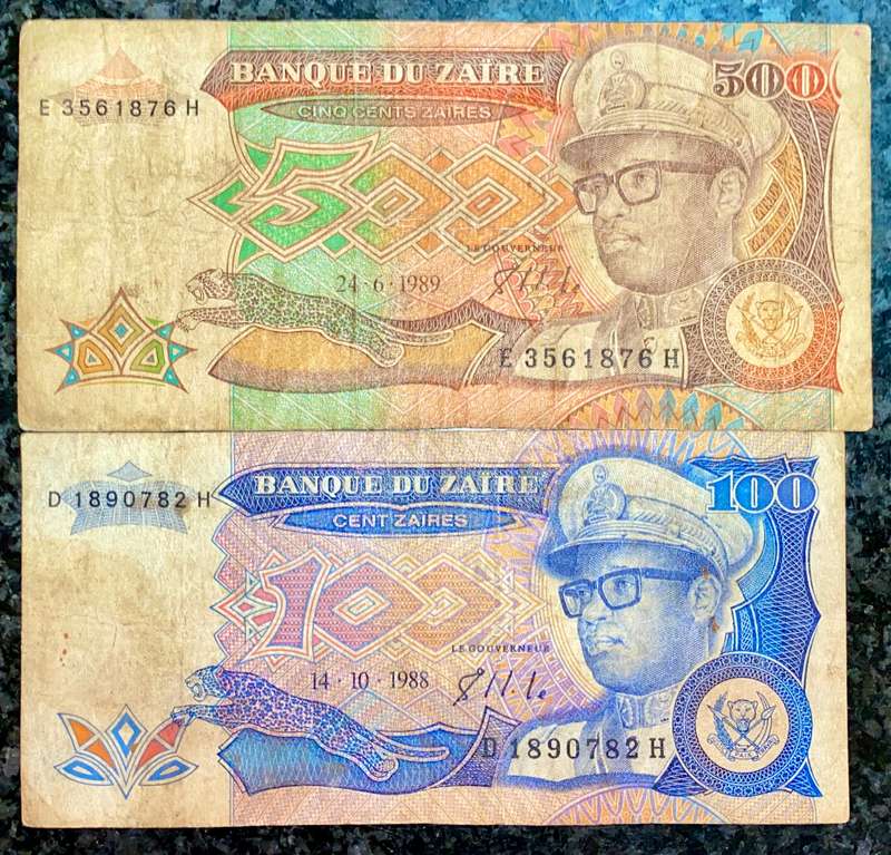 ZAIRE SET 500 ZAIRES 1989 & 100 ZAIRES 1988(1 BID TAKES ALL)