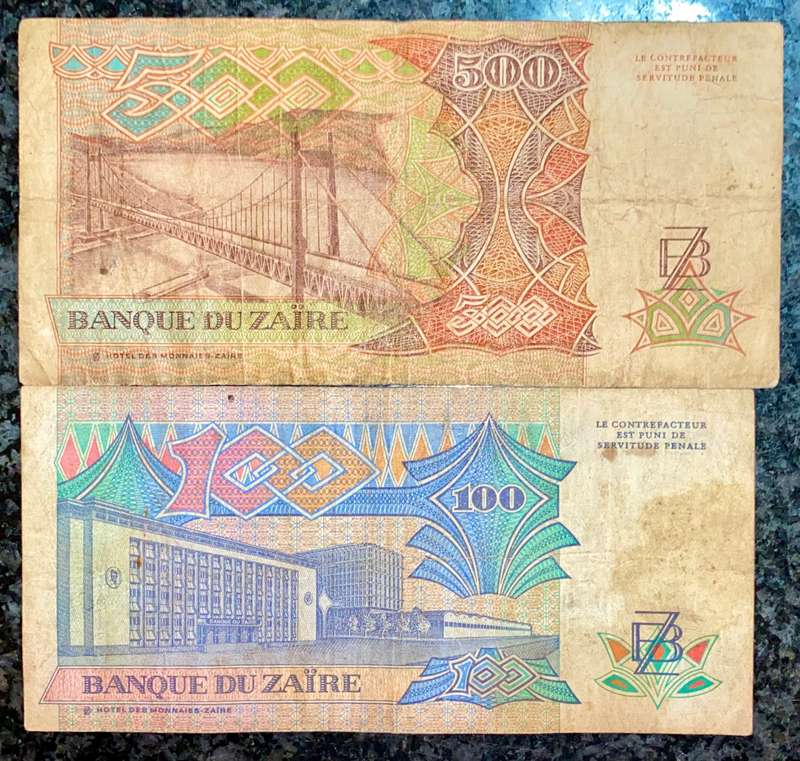 ZAIRE SET 500 ZAIRES 1989 & 100 ZAIRES 1988(1 BID TAKES ALL)
