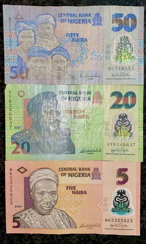 NIGERIA SET 50 NAIRA - 20 NAIRA & 5 NAIRA 2007-2010 POLYMER NOTES (1 BID TAKES ALL)