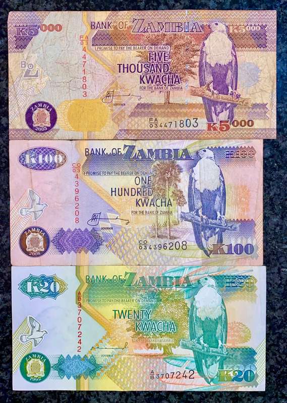Zambia. Set 5000 kwacha - 100 kw & 20 kw - 2003/08(1 bid takes all)