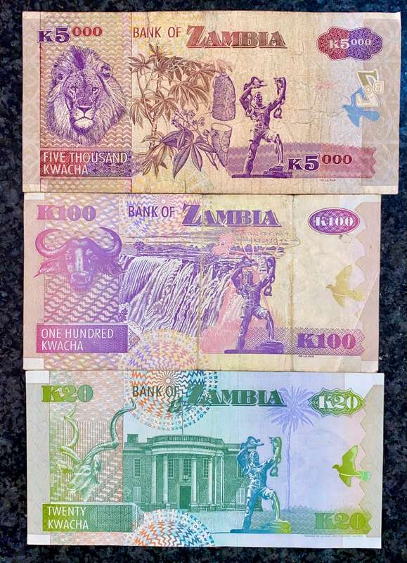Zambia. Set 5000 kwacha - 100 kw & 20 kw - 2003/08(1 bid takes all)