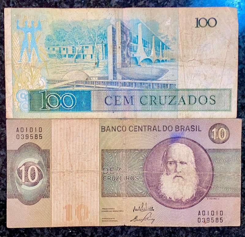 Brasil. set 100 cruzados & 10 cruzeiros (! bid takes all)