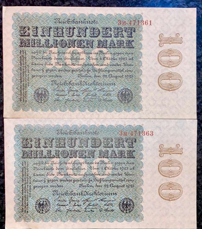 Germany. 100 million mark close sequence 471363 & 471361 AUNC 1923 (1 bid takes all)
