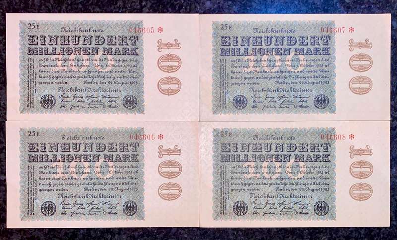 Germany. Replacement/star note 100 million mark in seq 046605- 608 UNC 1923 (1 bid takes all)