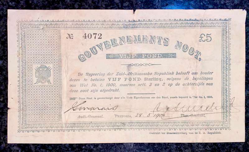 Z.A.R Pretoria 5 pound Government Noot 28-5-1900 -- no 4072 Star Boarder