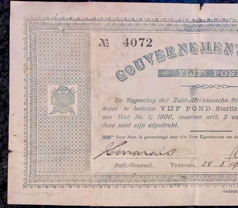 Z.A.R Pretoria 5 pound Government Noot 28-5-1900 -- no 4072 Star Boarder