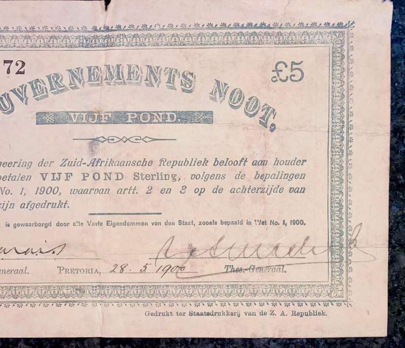 Z.A.R Pretoria 5 pound Government Noot 28-5-1900 -- no 4072 Star Boarder