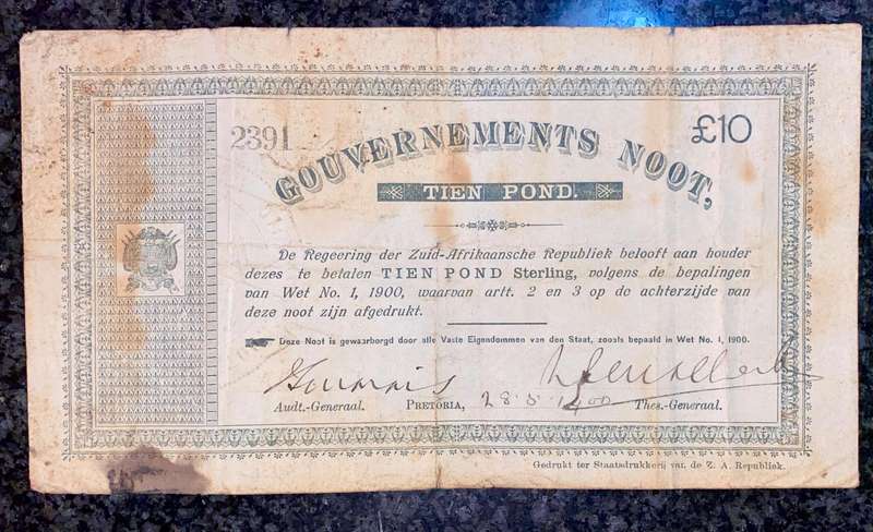 Z.A.R Pretoria 10 pound Government Noot 28-05-1900 - missing NO prefix - 2391 Spade Boarder