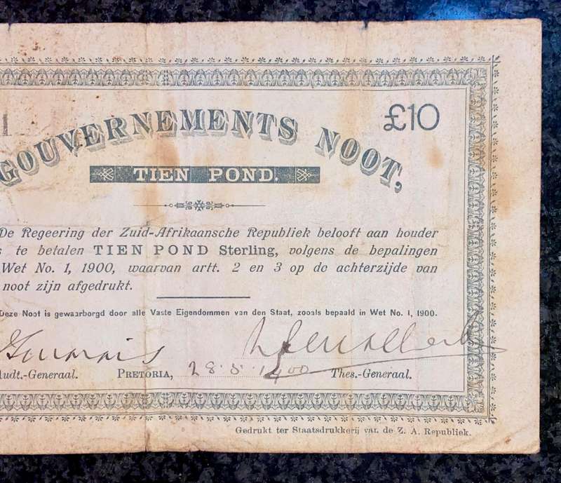 Z.A.R Pretoria 10 pound Government Noot 28-05-1900 - missing NO prefix - 2391 Spade Boarder