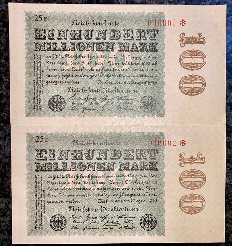 Germany. Replacement/star note 100 million mark in seq 046601- 602 UNC 1923 (1 bid takes all)