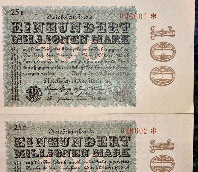 Germany. Replacement/star note 100 million mark in seq 046601- 602 UNC 1923 (1 bid takes all)