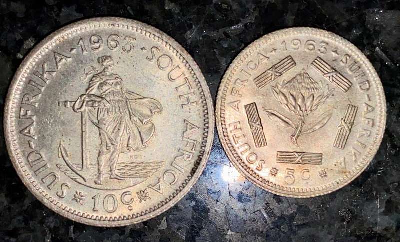 South Africa. silver set 10 cent & 5 cent 1963 excellent condition(1 bid takes all)