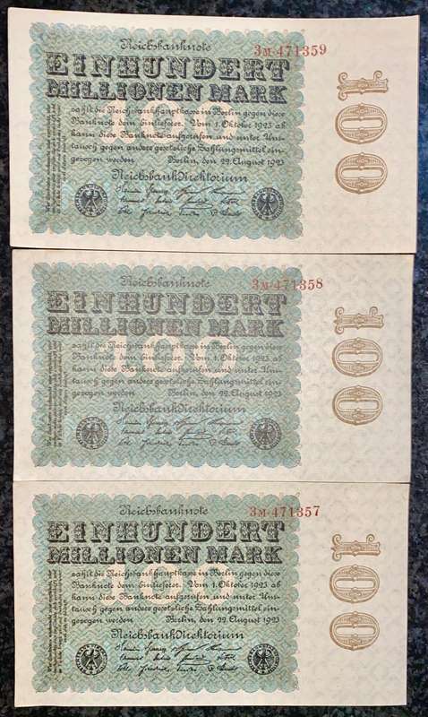 Germany. 100 million mark in sequence 471359-357 unc 1923 (1 bid takes all)