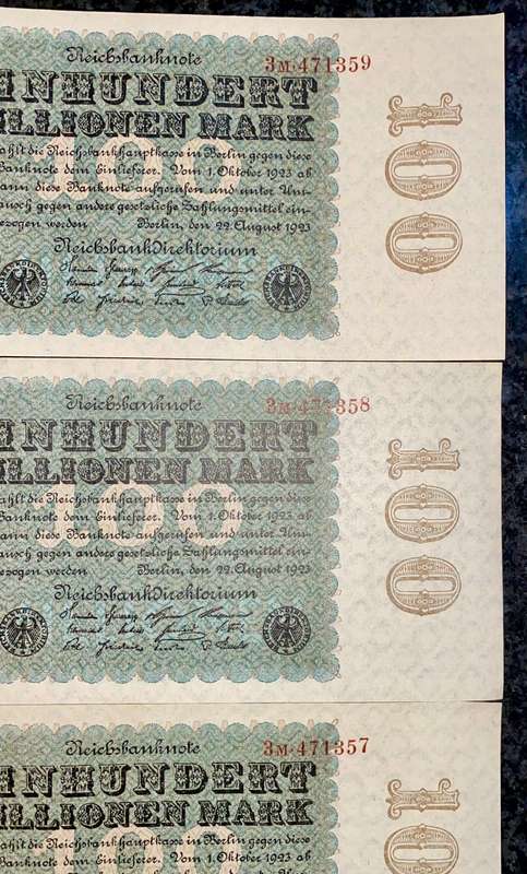 Germany. 100 million mark in sequence 471359-357 unc 1923 (1 bid takes all)