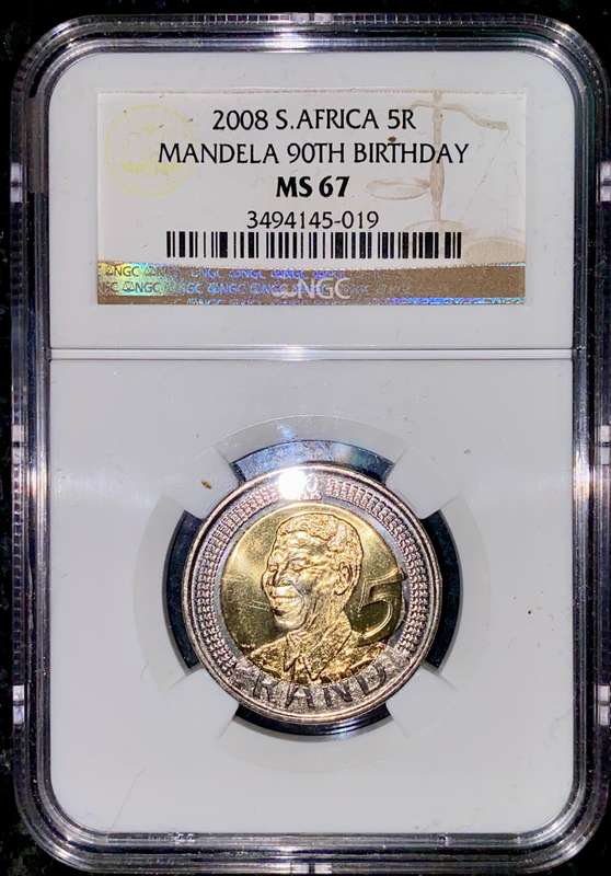 SOUTH AFRICA GRADED R5 - MANDELA 90TH BIRTHDAY 2008 - GRADED MS67 NGC