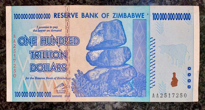 Zimbabwe 100 Trillion dollars 2008 AA Harare - 100% Authentic Banknote