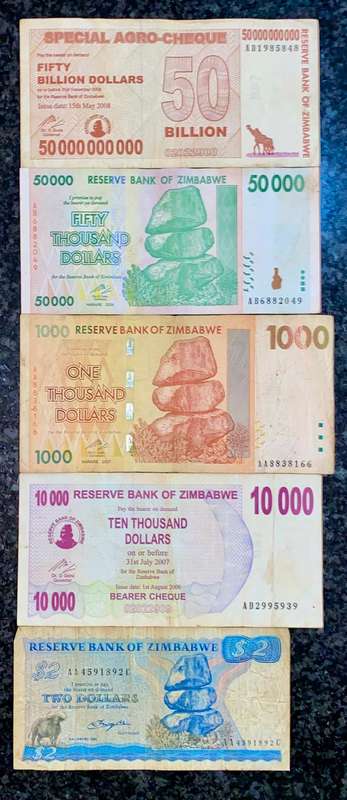 Zimbabwe Set - 50 billion dollars to 2 dollars 1980-2008 (1 bid takes all)