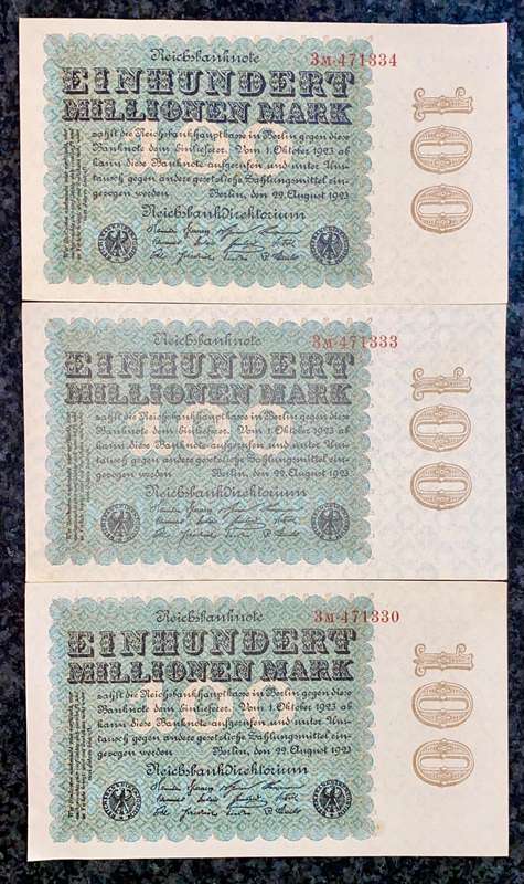 Germany. 100 million mark in sequence 471333-334 & 330 unc-aunc 1923 (1 bid takes all)