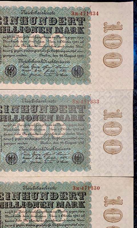 Germany. 100 million mark in sequence 471333-334 & 330 unc-aunc 1923 (1 bid takes all)