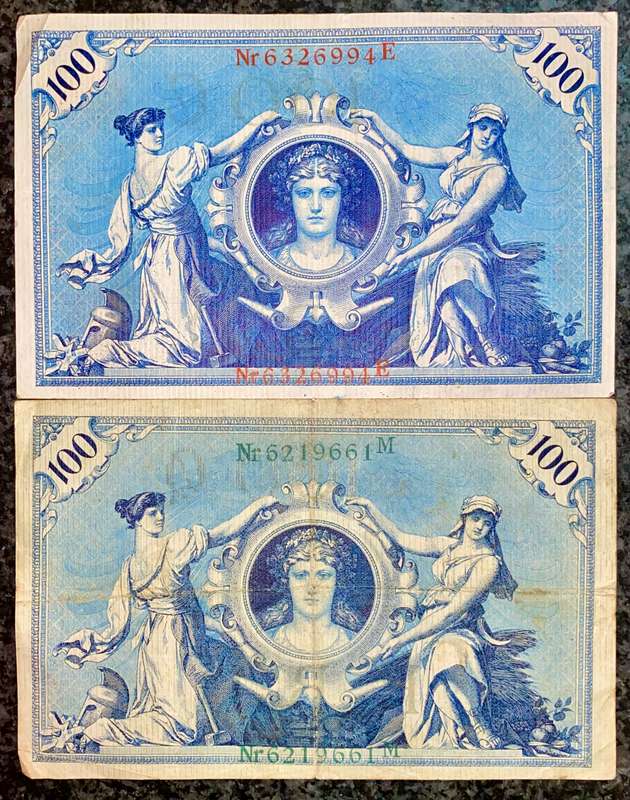 GERMANY 100 MARK 1908 GREEN SEAL & RED SEAL BIG NOTS (1 BID TAKES ALL)