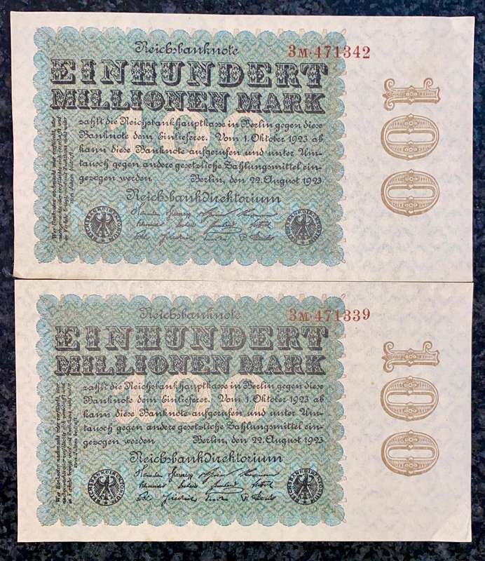 Germany. 100 million mark close sequence 471339 & 471342 AUNC 1923 (1 bid takes all)