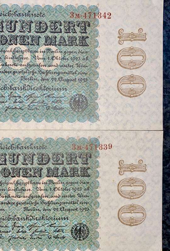 Germany. 100 million mark close sequence 471339 & 471342 AUNC 1923 (1 bid takes all)