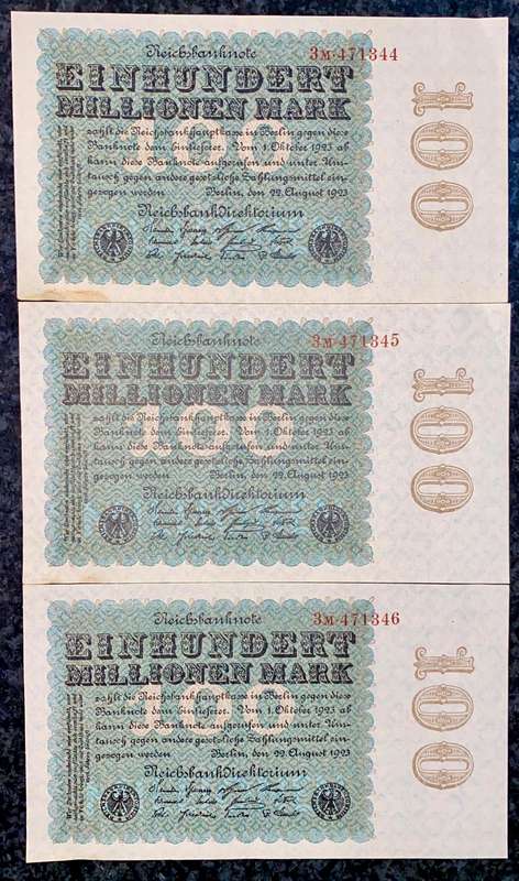 Germany. 100 million mark in sequence 471344-346 aunc 1923 (1 bid takes all)