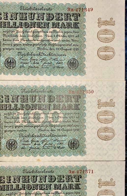 Germany. 100 million mark in sequence 471350-349 & 371 aunc 1923 (1 bid takes all)