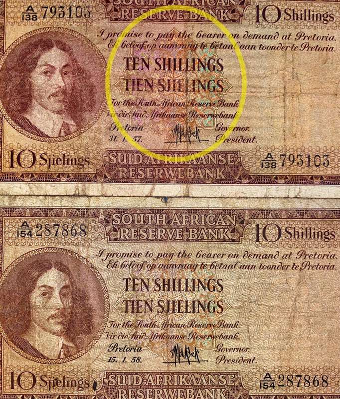 Mh De Kock. Set 10 shillings with two different shade of emblems (1 bid takes all)