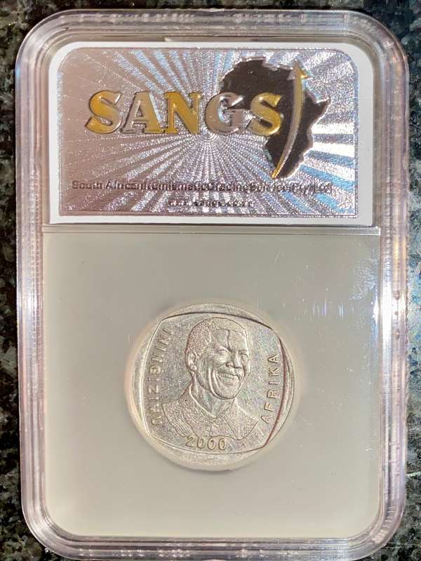 South Africa. Graded commemorative R5  smiling Mandela 2000 SANGS
