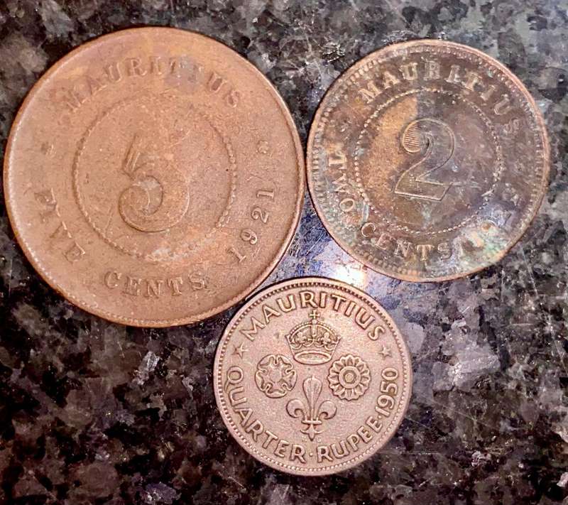 Mauritius. set 5 cent 1921 - 2 cent 1922 & 1/4 rupee 1950 (1 bid takes all)