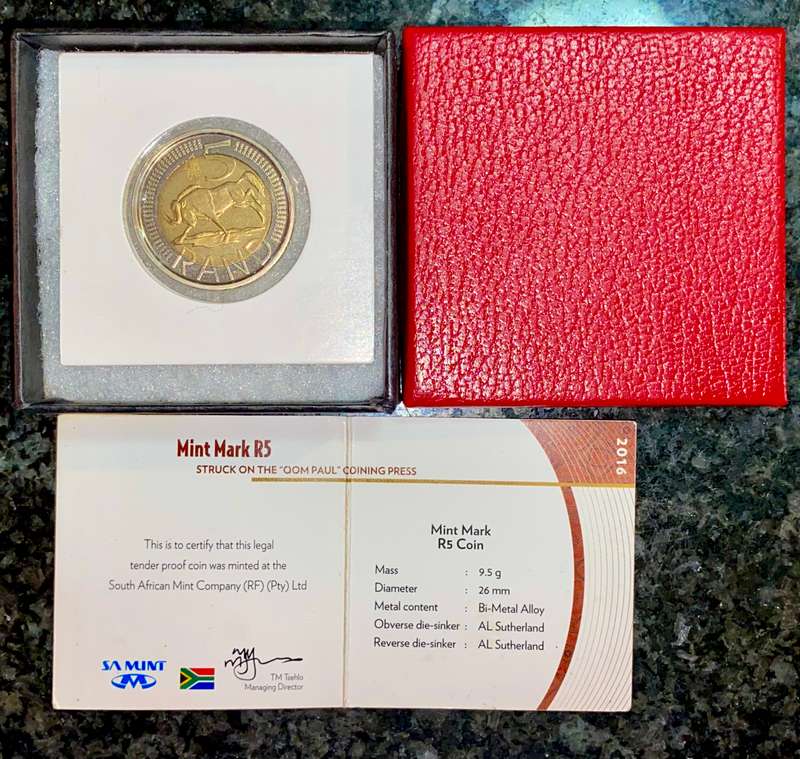 SOUTH AFRICA OOM PAUL MINTMARK R5 -- 2016 -- MINTATAGE 397 - BOXED WITH CERTIFICATE IN COIN FLIP