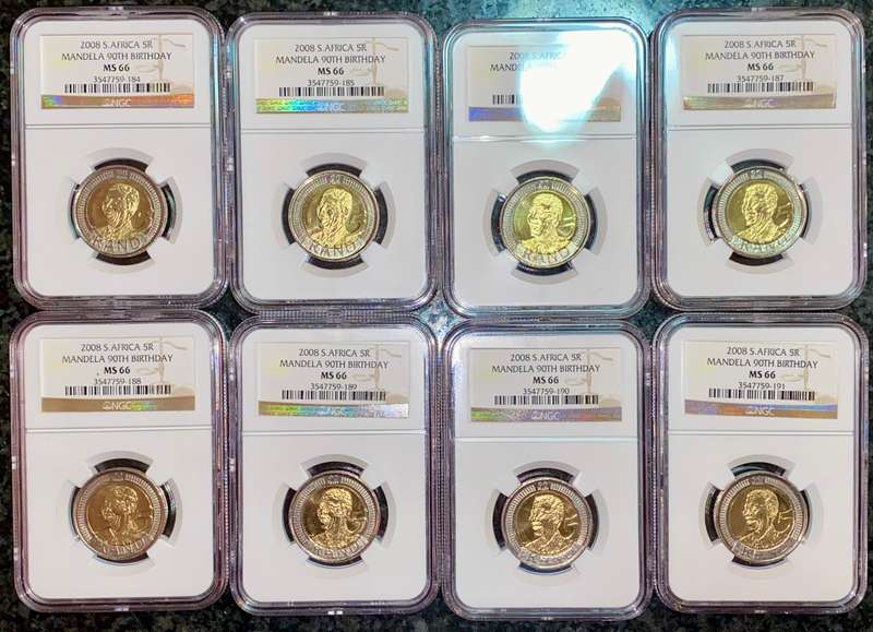 SOUTH AFRICA GRADED COMMEMORATIVE R5 MANDELAS 90TH BIRTHDAY GRADED MS66 ALL IN SEQ NGC