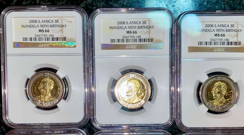 SOUTH AFRICA GRADED COMMEMORATIVE R5 MANDELAS 90TH BIRTHDAY GRADED MS66 ALL IN SEQ NGC